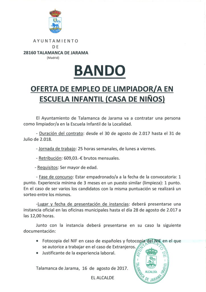 Oferta de Empleo Público – Limpiador/a Escuela Infantil 2017/2018